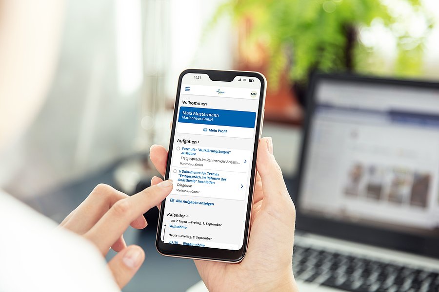 Hand hält Smartphone mit geöffneter App, auf dem Bildschirm sind Text und Listen zu sehen, im Hintergrund unscharfer Laptop und Pflanzen.