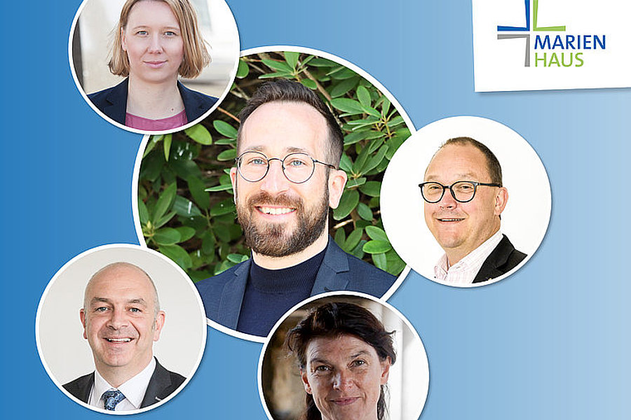 Fünf Personen in kreisförmigen Rahmen vor blauem Hintergrund, rechts oben das Logo von Marienhaus