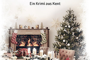 Buchcover mit Titel 'Das Weiss der Eisblumen', Autor Susanne Arnold, gedeckter Esstisch mit blutiger Axt, Kamin und geschmücktem Weihnachtsbaum im Hintergrund.