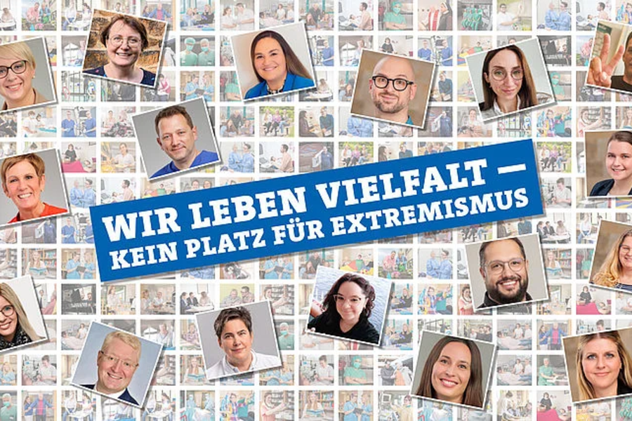 Collage aus Porträts verschiedener Menschen umgeben von vielen kleinen Fotos, mit Text 'Wir leben Vielfalt – kein Platz für Extremismus' in der Mitte