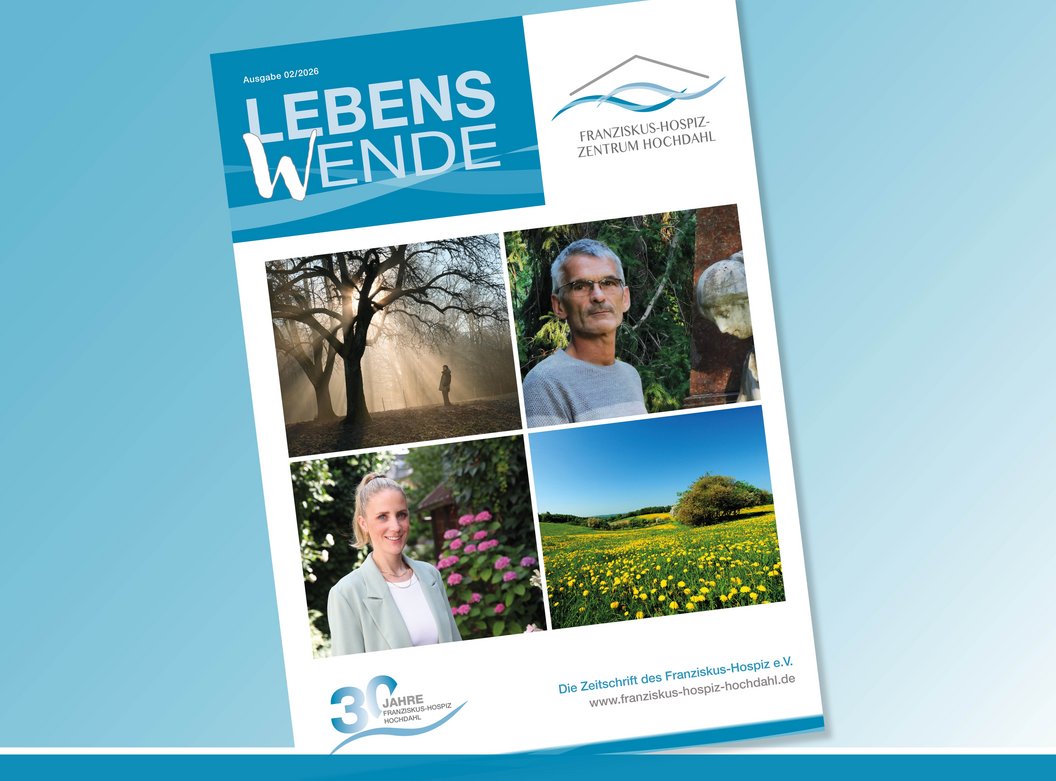 Titelseite der Zeitschrift "LEBENS WENDE" mit vier Fotos, darunter zwei Porträts von Personen mit unkenntlich gemachten Gesichtern, ein Baum in einer Landschaft und eine Blumenwiese.