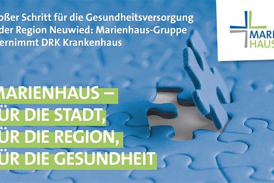 Blaues Puzzlestück in der Mitte, umgeben von verschwommenen Puzzlestücken. Text: 'MARIENHAUS – FÜR DIE STADT, FÜR DIE REGION, FÜR DIE GESUNDHEIT'.