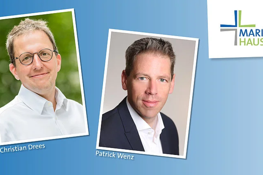 Porträts von Christian Drees mit Brille und weißem Hemd vor grünem Hintergrund und Patrick Wenz in dunklem Anzug vor grauem Hintergrund, rechts das Logo von Marienhaus