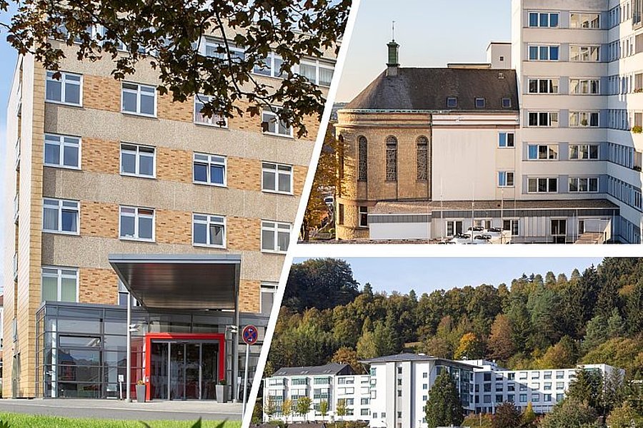 Dreiteilige Collage mit verschiedenen Gebäuden: modernes Bürogebäude mit Glasfront, historische Kirche neben einem modernen Gebäude, Wohnhäuser vor bewaldetem Hügel