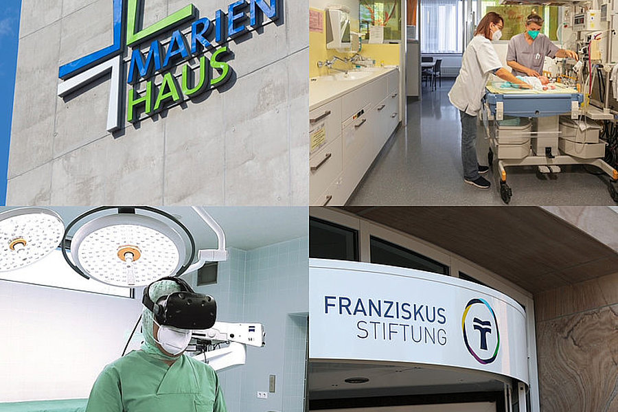 Vierteilige Collage zeigt: 1. Außenwand mit grün-blauem 'Marien Haus' Schriftzug, 2. Zwei medizinische Fachkräfte mit Schutzmasken an einem Krankenbett, 3. Person mit VR-Brille und Controllern in Operationssaal, 4. Eingang mit 'Franziskus Stiftung' Schild