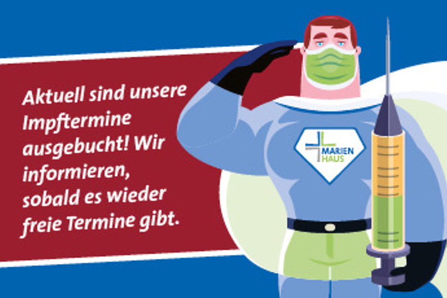 Illustration eines Mannes in Schutzkleidung mit Maske und Spritze, daneben Text 'Aktuell sind unsere Impftermine ausgebucht! Wir informieren, sobald es wieder freie Termine gibt.'