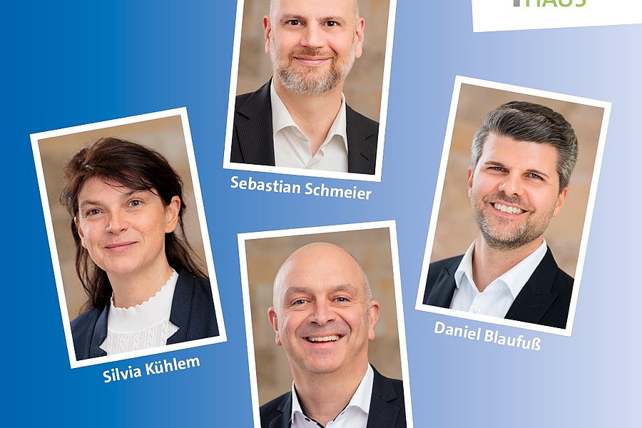 Porträts von Silvia Kühlem, Sebastian Schmeier, Alexander Schuhler und Daniel Blaufuß vor blauem Hintergrund mit Marienhaus Logo