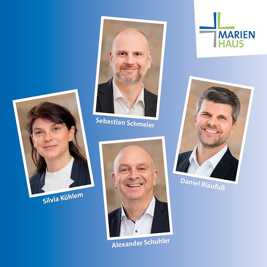 Porträts von Silvia Kühlem, Sebastian Schmeier, Alexander Schuhler und Daniel Blaufuß vor blauem Hintergrund mit Marienhaus Logo