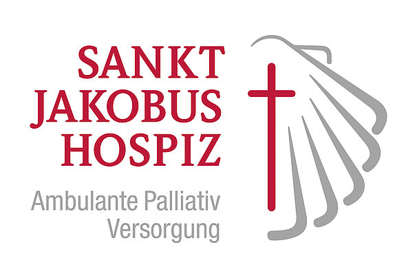 Logo von Sankt Jakobus Hospiz mit rotem Kreuz und grauen Linien, Text 'Sankt Jakobus Hospiz Ambulante Palliativ Versorgung'