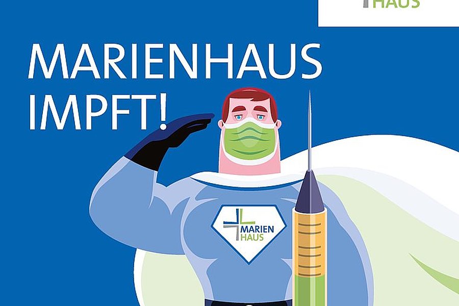 Illustration eines Superhelden mit grünem Mundschutz und Umhang, der eine große Spritze hält, mit Text 'Ein kleiner Pieks für dich – ein grosser Schutz für alle. Marienhaus impft!' und dem Marienhaus-Logo