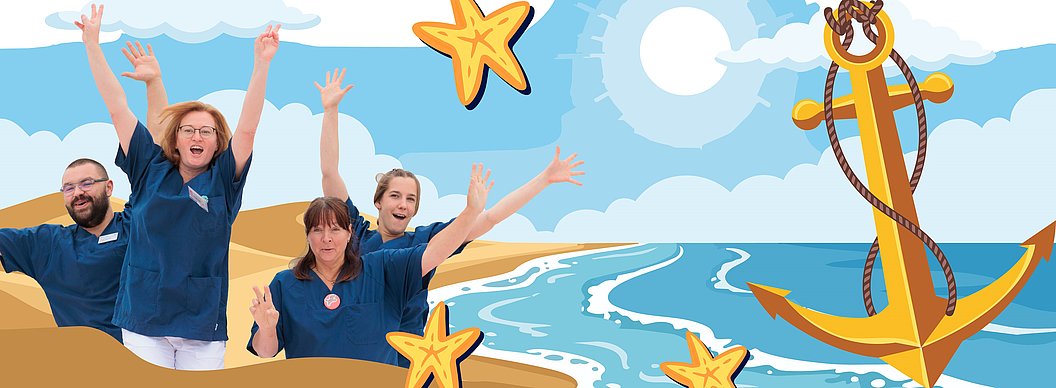 Vier Personen in blauen T-Shirts mit erhobenen Armen vor einer gezeichneten Strandkulisse mit Anker und Seesternen