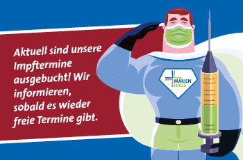 Illustration eines Mannes in Schutzkleidung mit Maske und Spritze, daneben Text 'Aktuell sind unsere Impftermine ausgebucht! Wir informieren, sobald es wieder freie Termine gibt.'