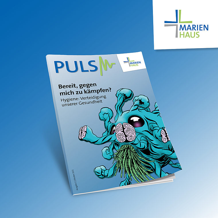 Titelseite der Zeitschrift 'PULSM' mit dem Thema Hygiene und Gesundheit, illustriert mit einer abstrakten, grünen, pflanzenartigen Figur