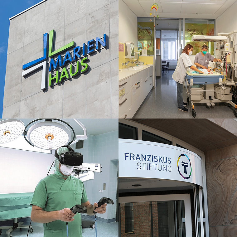 Vierteilige Collage mit dem Schriftzug 'Marien Haus' an einer Gebäudewand, zwei medizinischen Fachkräften bei der Patientenversorgung, einem Mann mit VR-Brille und Controllern in einem Operationssaal und dem Eingang der 'Franziskus Stiftung'