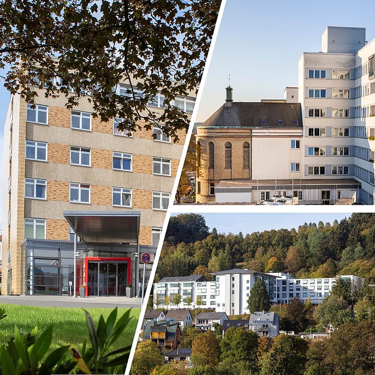 Dreiteilige Collage mit verschiedenen Gebäuden: modernes Bürogebäude mit Glasfront, historische Kirche neben einem modernen Gebäude, Wohnhäuser vor bewaldetem Hügel