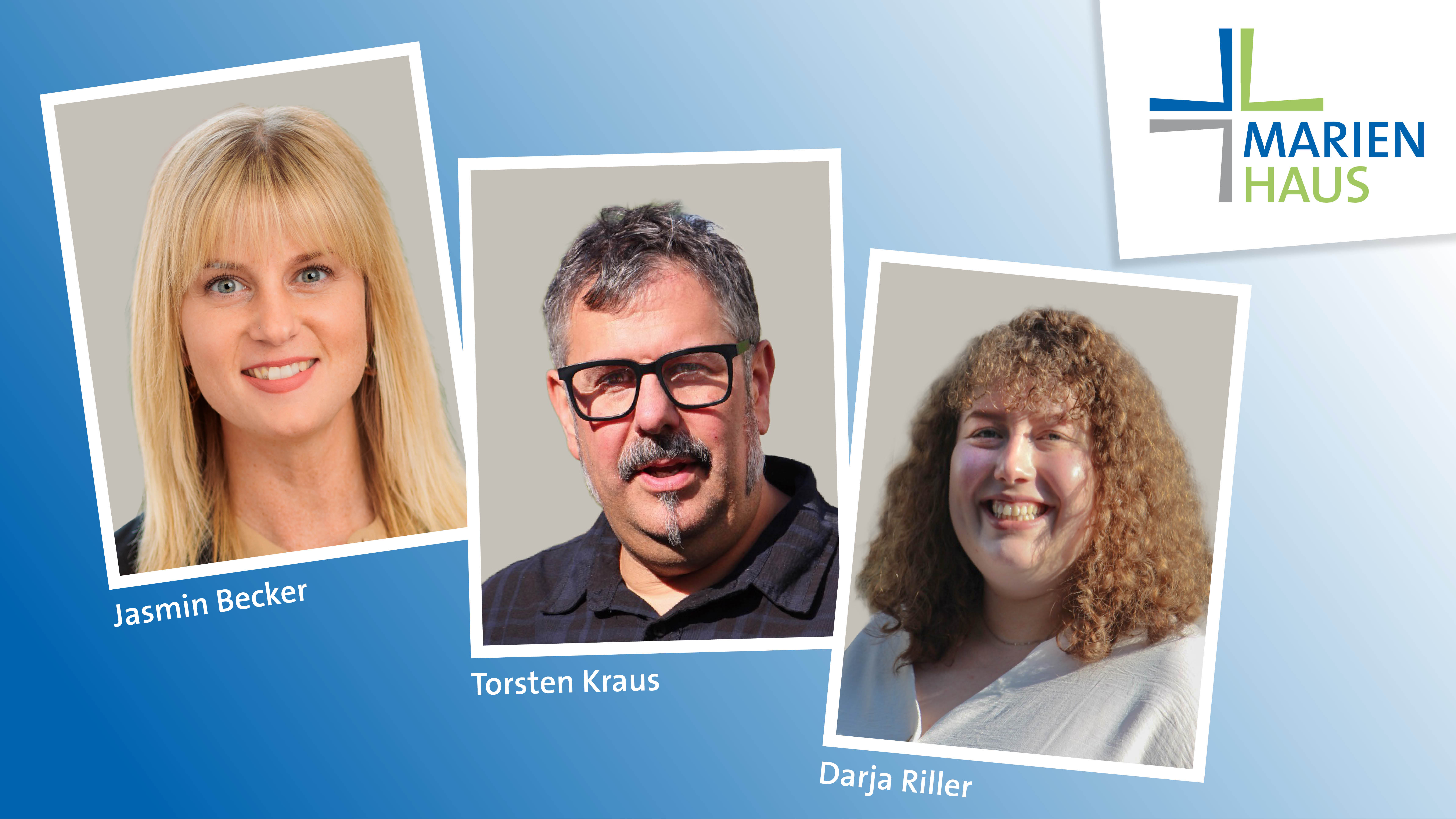 Portraitbilder von Jasmin Becker, Torsten Kraus und Darja Riller auf blauem Hintergrund.