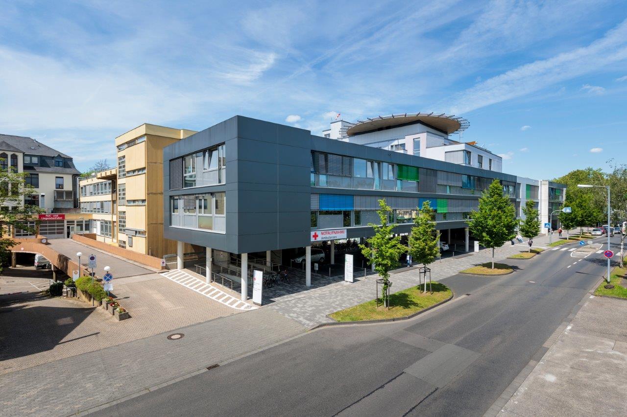 Modernes Gebäude mit grauer Fassade und großen Fenstern an einer ruhigen Straße bei Tageslicht